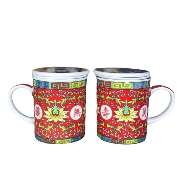 Eastern Asian Jingdezhen Red Longevity Lotus Porcelain Tea Infuser Lidded Cups - Picture 5 of 12